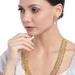 Zaveri Pearls Green & Pink Stones Traditional Long Necklace, Earring & Maangtikka Set-ZPFK9563-picture-10