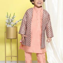 AJ Dezines Kids Peach & Black Embroidered Full Sleeves Kurta, Pyjamas with Jacket-picture-1