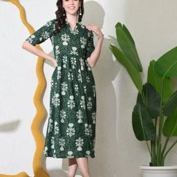 DECKEDUP Green Cotton Floral Short Sleeves Dress-picture-14