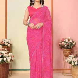 Satrani Pink Bandhani Saree With Unstitched Blouse-image-8