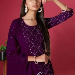 PARROT CREATION Geometric Embroidered Georgette Straight Kurta With Sharara & Dupatta image 4