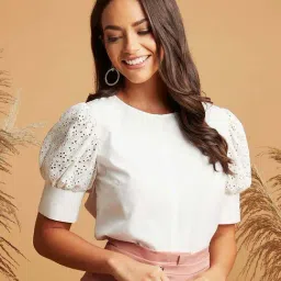 Styli Pearl White Cotton Self Pattern Top image 3