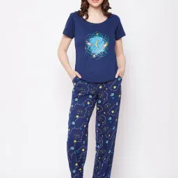Clovia Navy Cotton Graphic Print Top With Pyjamas-picture-41
