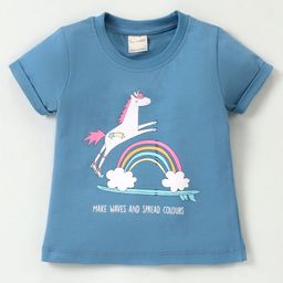 CUCUMBER Sinker Knit Half Sleeves T-Shirt with Text & Unicorn Print - Blue-picture-48