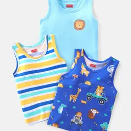 Babyhug 100% Cotton Single Jersey Knit Sleeveless Antibacterial Sandos with Stripes & Animals Print Pack of 3 - Yellow & Blue-picture-29