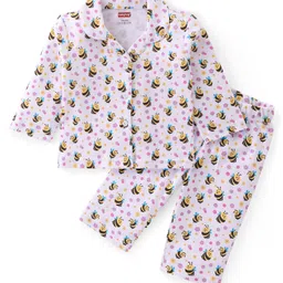 Babyhug Cotton Knit Full Sleeves Collar Neck Front Open Night Suit with Bee & Floral Print - White-picture-19
