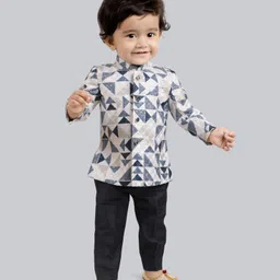 little desi Jute Cotton Full Sleeves Geometric Printed Jodhpuri Coat & Pant Set - Navy Blue-picture-30