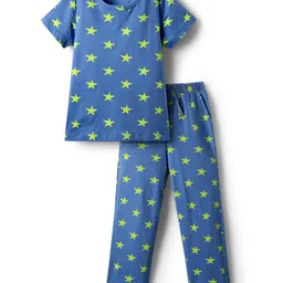 Pine Kids Single Jersey Knit Half Sleeves Co-Ord Night Suit With Star Print - Blue-picture-26