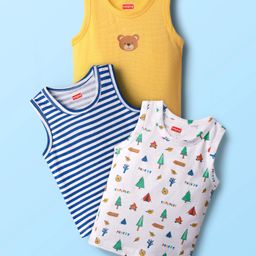 Babyhug 100% Cotton Knit Antibacterial Sleeveless Sando Vests with Stripe & Forest Print Pack of 3 - White Yellow & Blue-picture-49