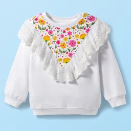 Babyhug Cotton Knit Full Sleeves Sweatshirt with Floral Print & Frill Detailing - White-picture-28