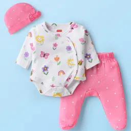 Babyhug 100% Cotton Knit Full Sleeves Onesies with Bootie Leggings & Cap With Floral & Butterfly Print - Pink image 1