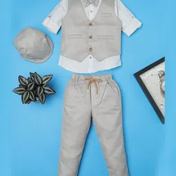 Rikidoos Full Sleeves Checked & Abstract Printed 3 Piece Party Suit Set With Bow & Cap - Beige & Off White-picture-21