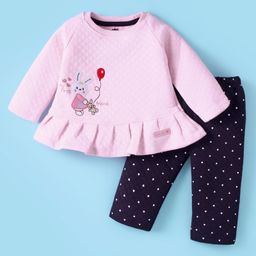 Simply Knit Full Sleeves Quilted Top & Joggers with Bunny Embroidery & Polka Dots - Pink & Navy Blue-picture-26