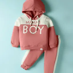 Teddy Fleece Knit Full Sleeves Hooded Winter Wear Suit Set with Mama's Boy Text Print - Rose Gold-picture-19
