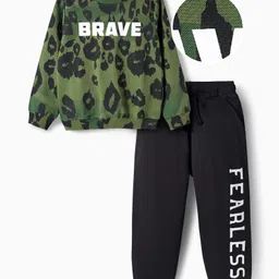 OLLINGTON ST. Cotton Knit Full Sleeves Brave Text Printed Sweatshirts & Joggers Set - Olive Green & Black-picture-10