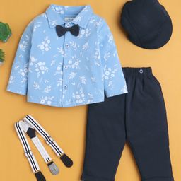 BUMZEE Cotton Knit Full Sleeves Floral Printed Shirt & Trouser Set With Suspender Cap - Navy & Sky Blue-picture-21