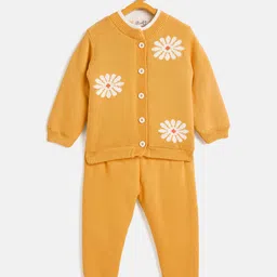 JWAAQ Cotton Knit Full Sleeves Floral Designed & Fur Detailed Sweater With Pant Set - Yellow-picture-40