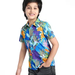 arias by lara dutta Arias Cotton Woven Half Sleeves Shirt with Floral Print - Light Blue & Orange image 2