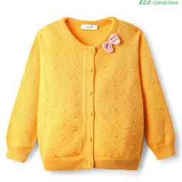 Babyoye 100% Cotton Knit Full Sleeves Front Open Sweater with Bow Applique - Yellow image 2