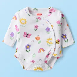 Babyhug 100% Cotton Knit Full Sleeves Onesies with Bootie Leggings & Cap With Floral & Butterfly Print - Pink image 2