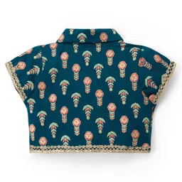 EARTHY TOUCH Single Jersey Knit Half Sleeves Choli Lehenga & Dupatta Set With Floral Foil Print - Green image 4