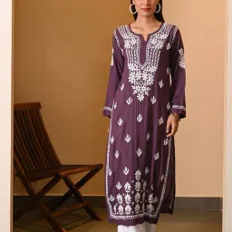 House of Chikankari Purple Modal Chikankari Long Sleeves Kurtas-picture-25