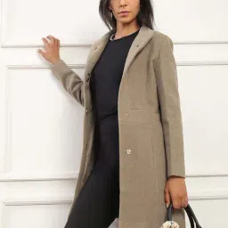 Globus Women Beige Mock Collar Striped Self Design 2 Pockets Hip Length Winterwear Overcoat-image-67