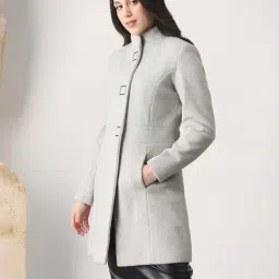 globus Globu Women Grey Self Design Mock Collar Long Sleeve Knee Length Tailored Fit Winterwear Overcoat image 3