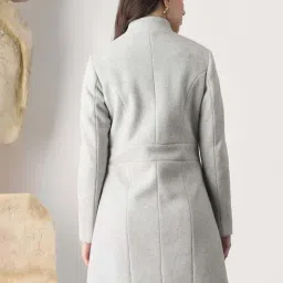 globus Globu Women Grey Self Design Mock Collar Long Sleeve Knee Length Tailored Fit Winterwear Overcoat image 2