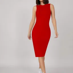 CILIMILI Women Red Solid Round Neck Stretchable Bodycon Midi dress-picture-39