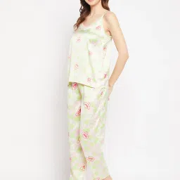 Clovia White Satin Printed Camisole Top With Pyjamas image 3