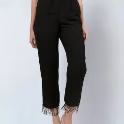 First Resort By Ramola Bachchan Black Linen Pants with Bead Lace image 3