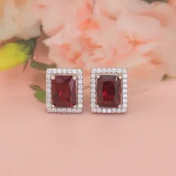 925 Silver Rectangular Red Ruby and American Diamond Stud Earrings for Women & Girls-image-0