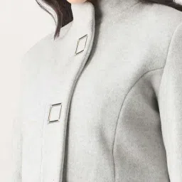 globus Globu Women Grey Self Design Mock Collar Long Sleeve Knee Length Tailored Fit Winterwear Overcoat image 4