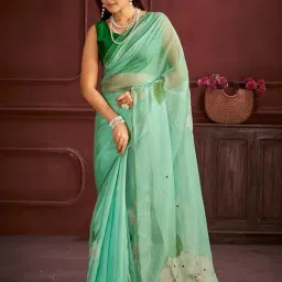 Saree Mall Sea Green Organza Self Saree with Blouse Piece-picture-24