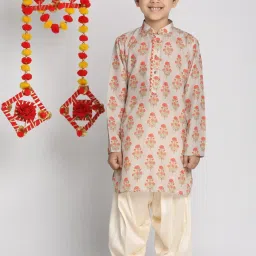 VASTRAMAY Kids Beige & Cream Cotton Printed Kurta Set image 1