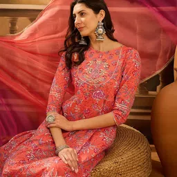 Sangria Floral Printed Thread Work Pure Cotton Anarkali Kurta With Trouser & Dupatta-picture-15