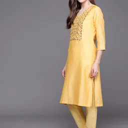 Biba Women Yellow & Silver Mirror Work Kurta with Trousers & Dupatta image 5