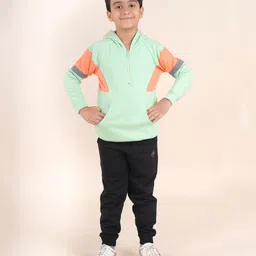 Kiddopanti Fleece Full Sleeves Colour Block Cut & Sew Hooded Sweatshirt With Joggers Set - Green Coral & Black-picture-24