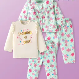 Babyoye Cotton Knit Full Sleeves Night Suits with Star & Foil Print Pack of 2 - Light Blue & White-picture-21