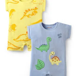 kookie kids india Kookie Kids Interlock Knit Half Sleeves Dino Printed & Embroidered Rompers Pack of 2 - Yellow & Blue-picture-33