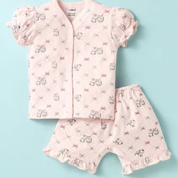 CUCUMBER Sinker Knit Puffed Sleeves Shorts Co-ords Night Suit with Animal Print - Pink-picture-17