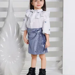 Peppermint Girls Self Design Mandarin Collar Top With Skirt image 4