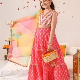 Pspeaches Sleeveless Mirror Work Detailed Motif Printed Lehenga Choli With Dupatta - Pink image 5