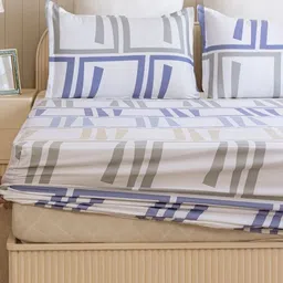 HOMEMONDE Modern Maze White Printed Cotton 210TC Queen Fitted Bedsheet Set 1.98m x 1.82m-picture-28