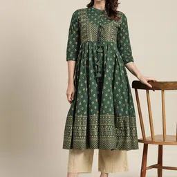 Sangria Women Green & Golden Printed Anarkali Kurta image 3