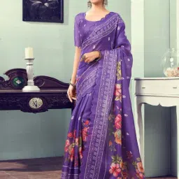 Satrani Purple Floral Print Saree With Unstitched Blouse-picture-14