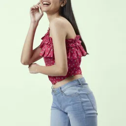 People by Pantaloons Red Cotton Printed Crop Top image 3