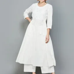 Melange by Lifestyle Off-White Cotton Embroidered Anarkali Kurta-picture-32