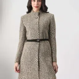 Globus Women Grey Melange Mock Neck Long Sleeves Self Design Winter Wear Overcoat with Belt-picture-21